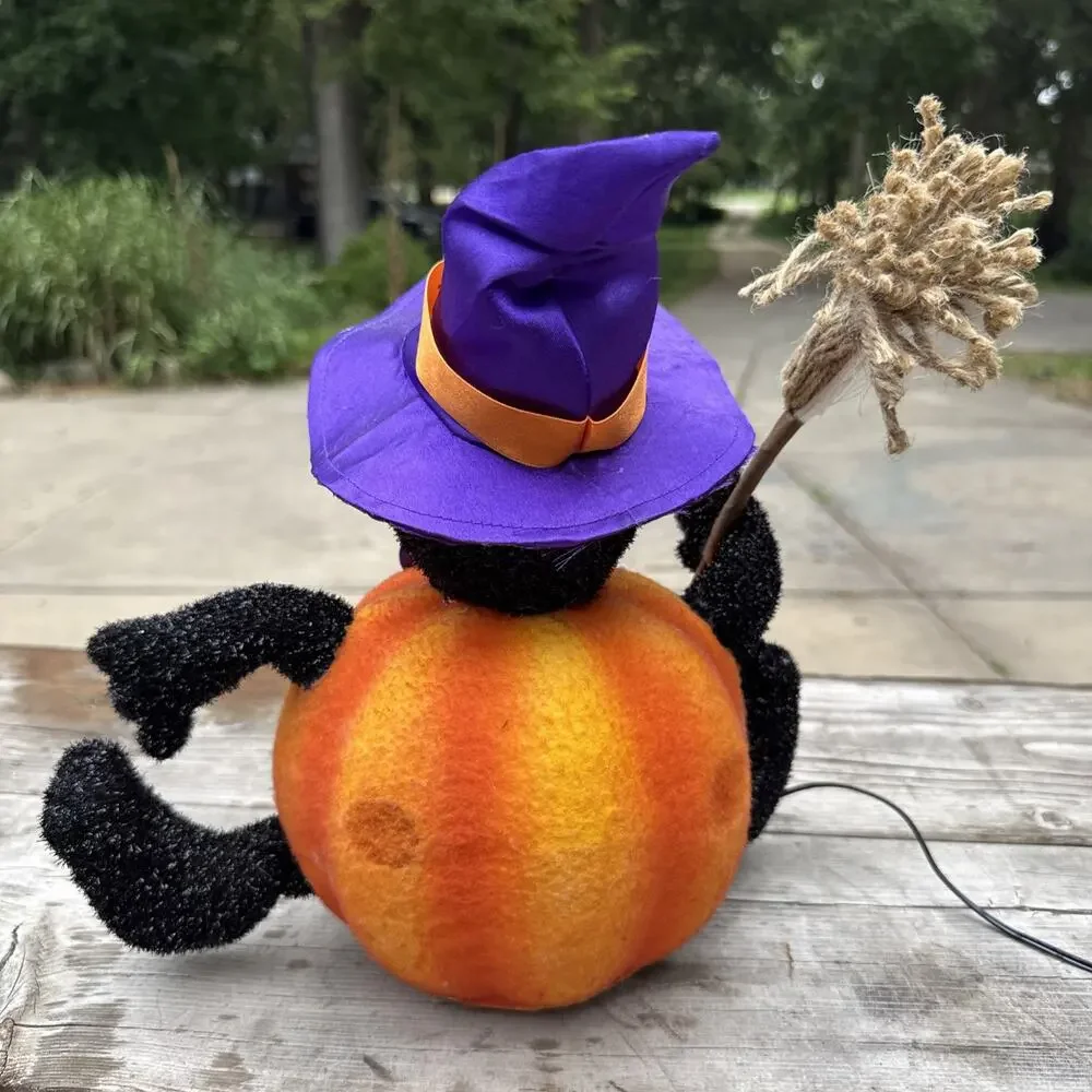 Vtg Fiber Optic Wizard Witch Black Cat Hat Jack ‘O Lantern Lighted 12” Halloween